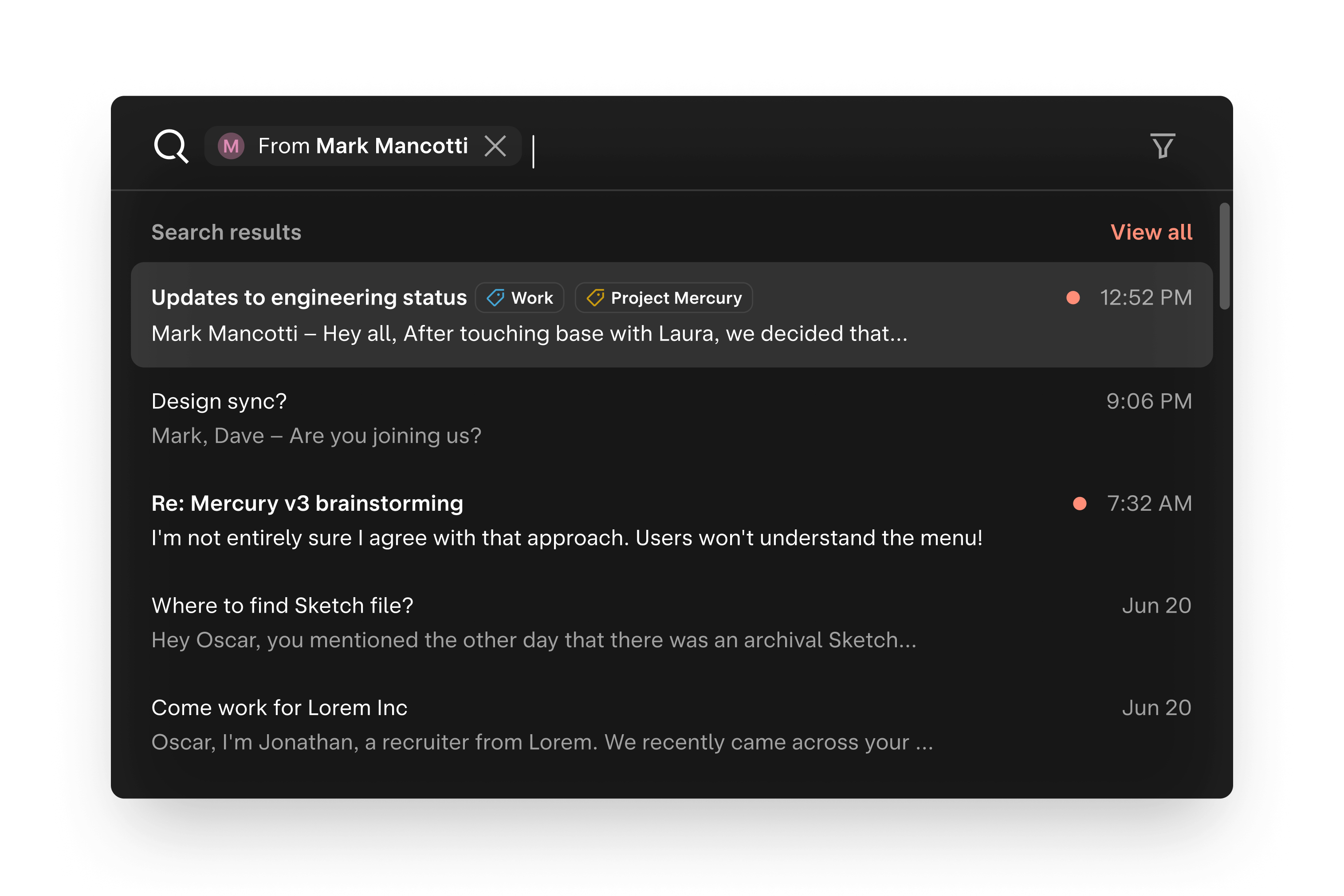 Email search modal window with quick actions and search results